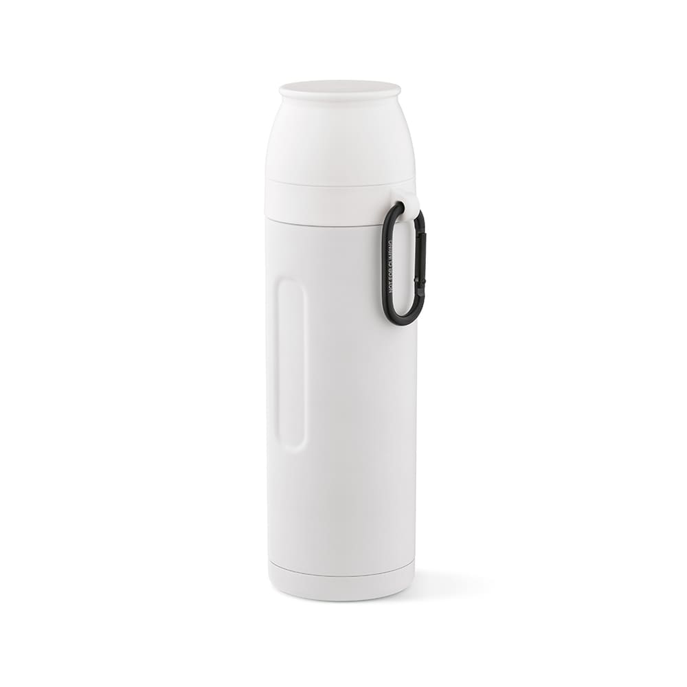 A drink bottle in white with a carabiner and two cups included. It features a logo on the surface.