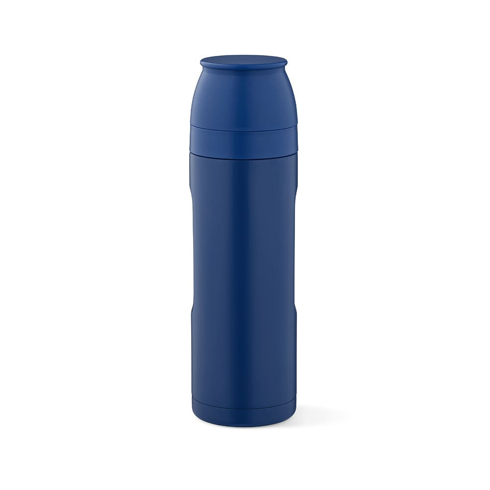 A drink bottle in dark blue, featuring a carabiner and two detachable cups. It has a logo on the side.