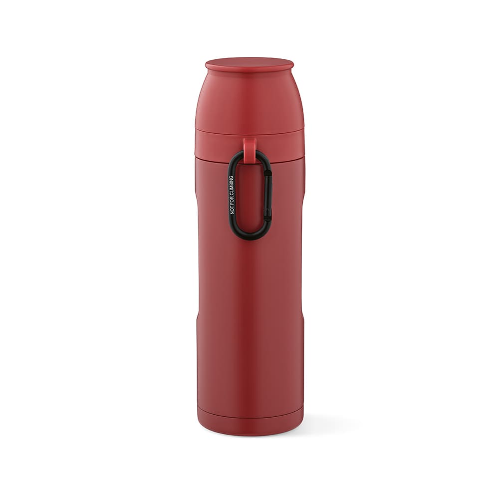A drink bottle in red, featuring a carabiner and two cups. It has a sleek, cylindrical design and includes branding.