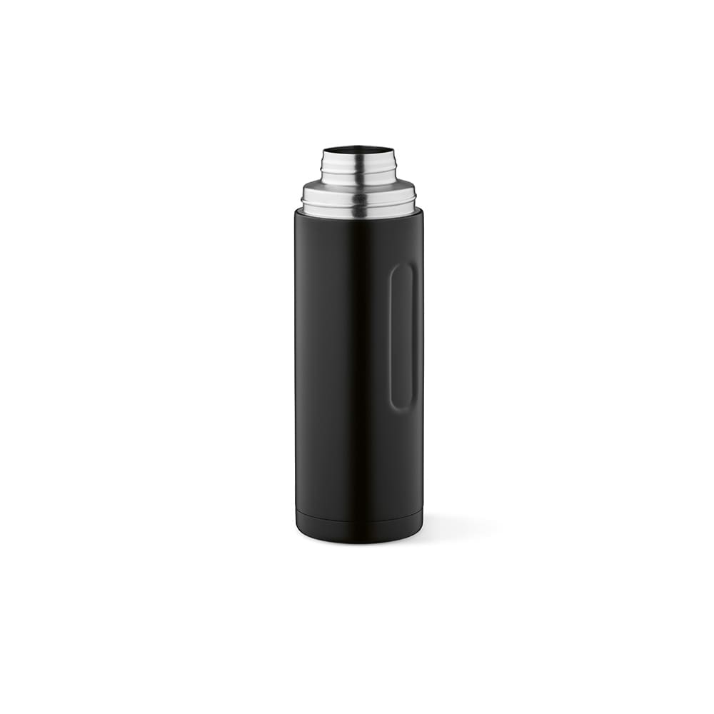 A drink bottle in black with a stainless steel top, featuring a handle and a carabiner. Includes two cups.