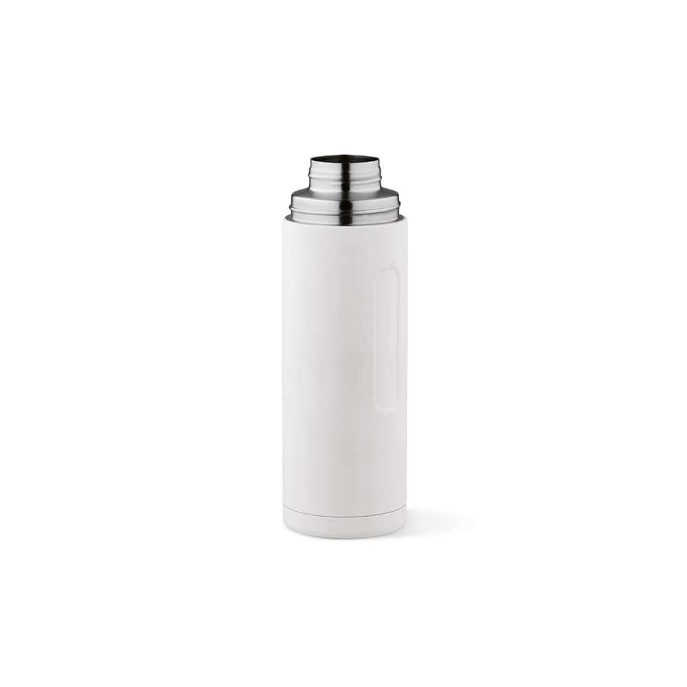 A drink bottle in white with a stainless steel lid and a side handle. It includes two cups and a carabiner.