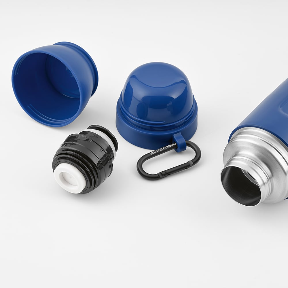 A drink bottle in blue, featuring a stainless steel thermos, two cups, a carabiner, and a black lid.