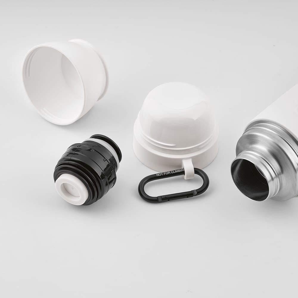 A drink bottle in white and silver, featuring a black cap, two white cups, and a black carabiner.
