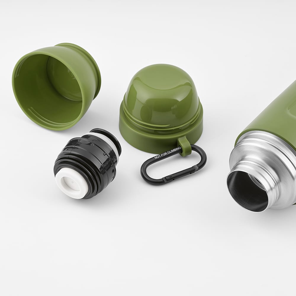A drink bottle in olive green with two cups, a carabiner, and a detachable lid. It features a logo.