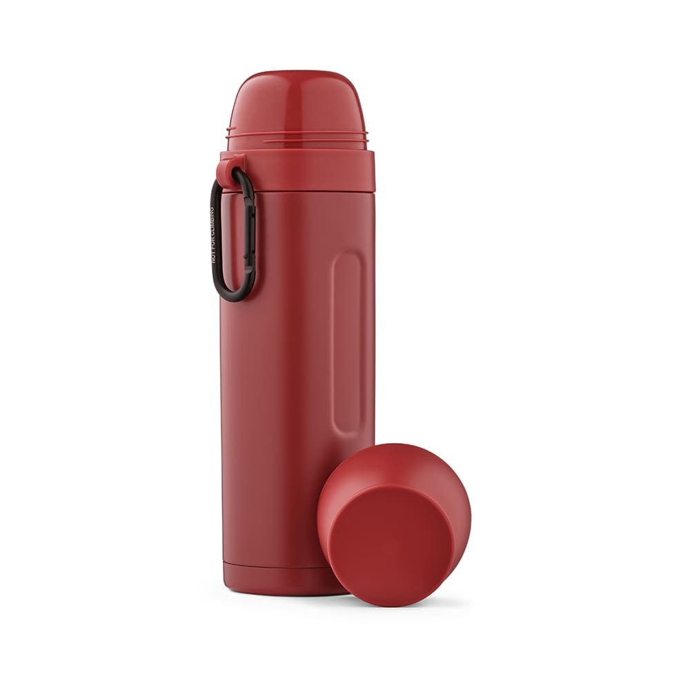 A drink bottle in red, featuring 810ml capacity, two cups, and a carabiner. It has a logo on the body.
