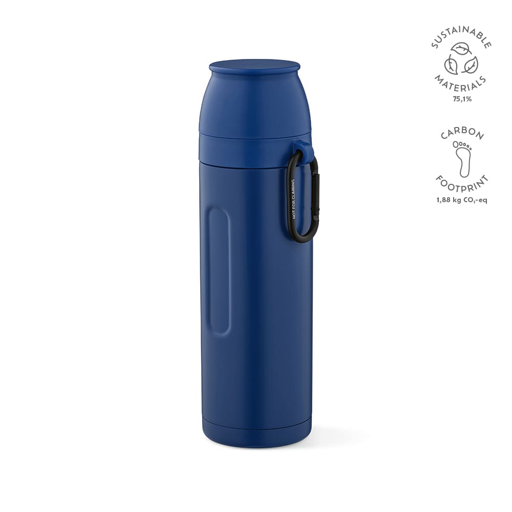 A drink bottle in navy blue, featuring a carabiner, two cups, and a branding logo.