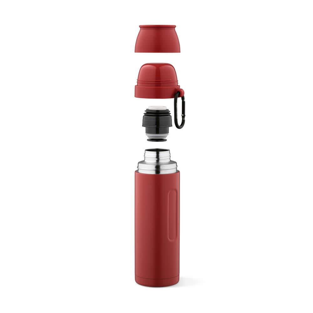 A drink bottle in red with a carabiner, consisting of a main body and detachable caps. It includes two cups.