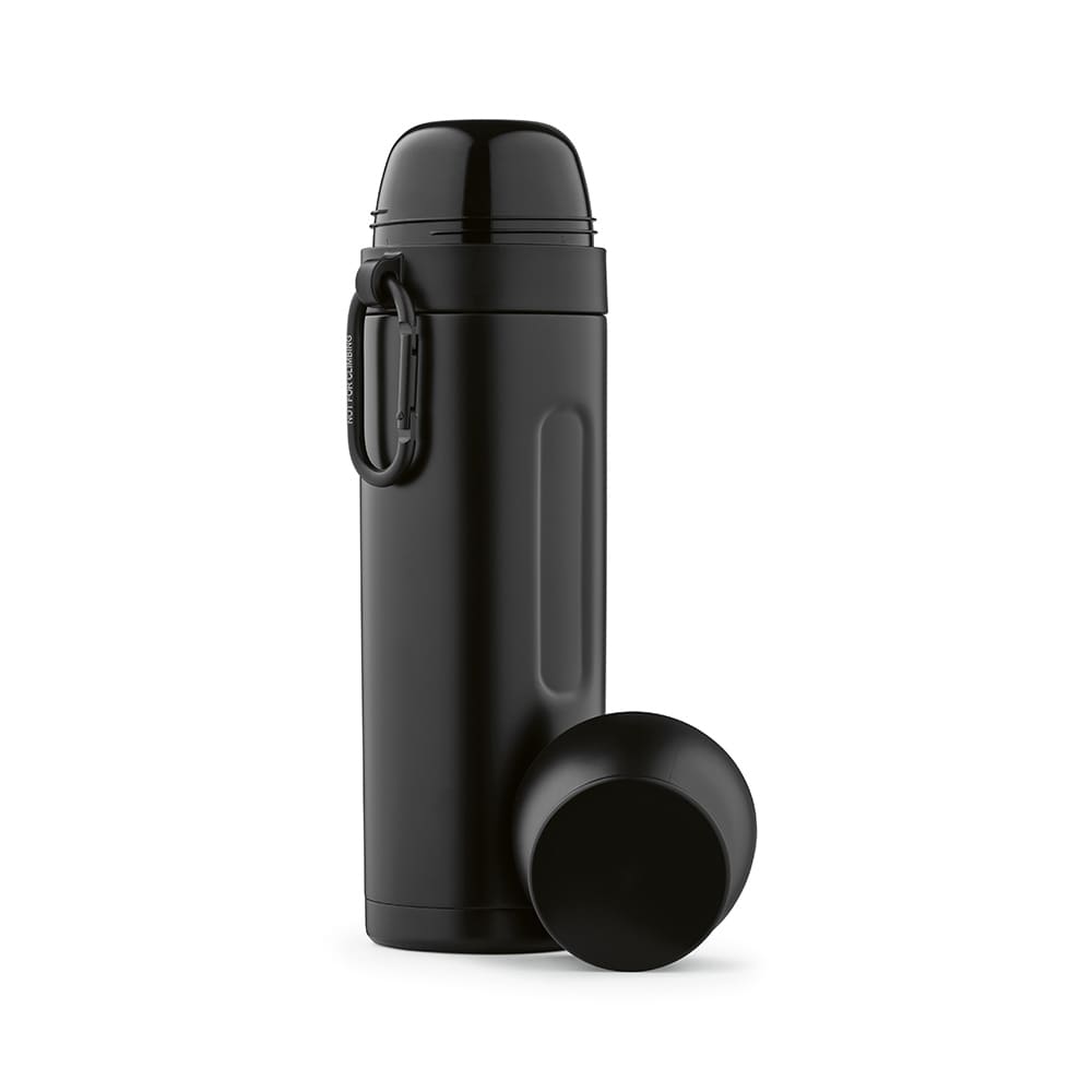 A drink bottle in black, featuring a carabiner and two cups, designed for holding 810ml.