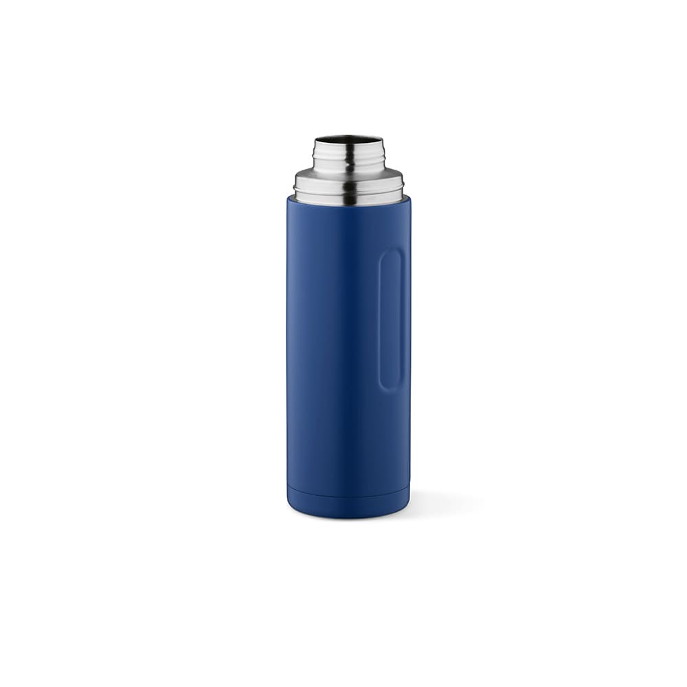 A drink bottle in navy blue with a stainless steel lid and handle, featuring a branding logo.