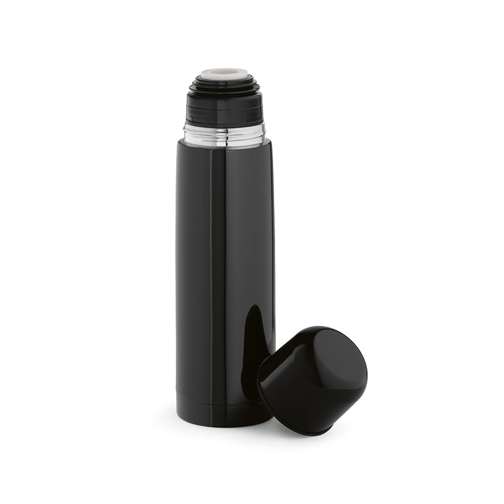A drink bottle in sleek black with a removable cap, featuring a logo on its surface.
