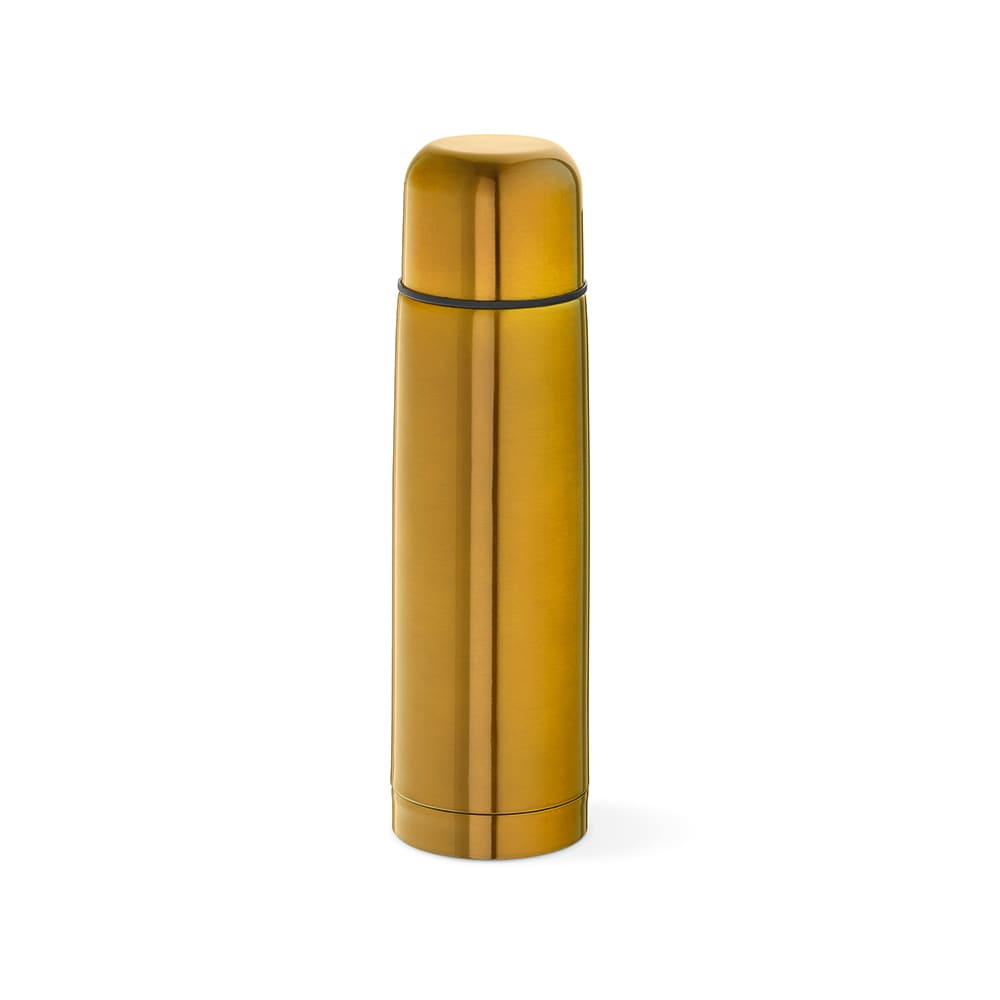 A drink bottle in a shiny golden colour, featuring a sleek design and a logo. Holds 500ml with one cup included.