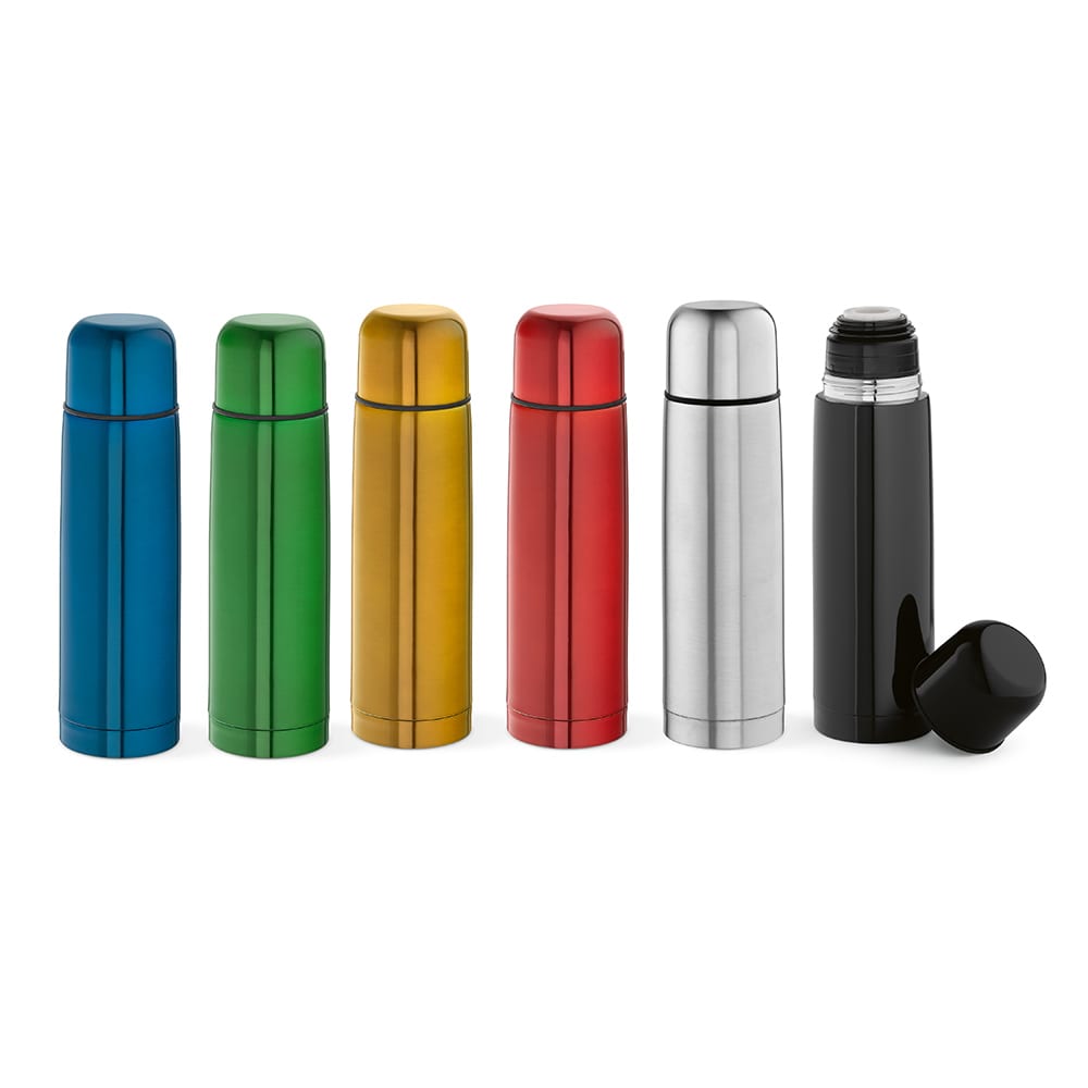 A drink bottle collection featuring a blue, green, gold, red, silver, and black thermos with an attached cup and a logo.