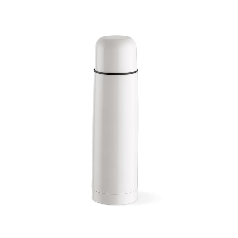 A drink bottle featuring a sleek white design with a black band, includes a cup and has a logo.