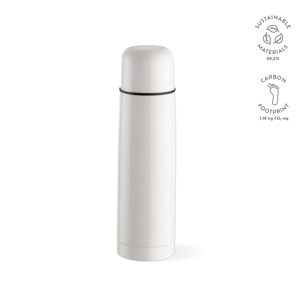 A drink bottle in a sleek white finish, featuring a cup and a branding logo at the top.