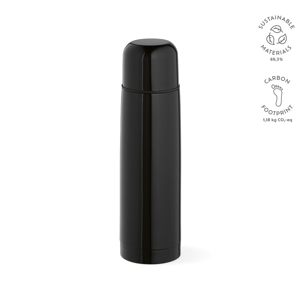A drink bottle in sleek black with a rounded top, featuring a logo and details on sustainability.