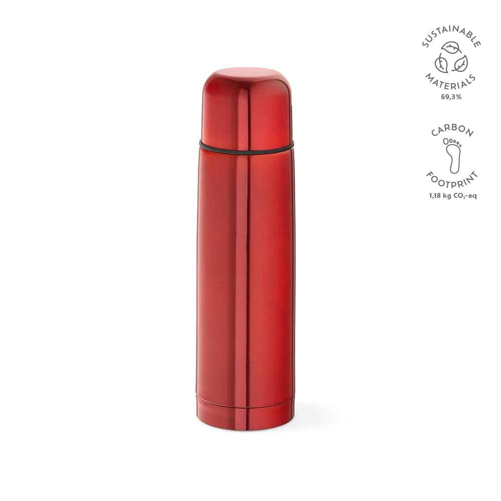 A drink bottle in a shiny red finish, featuring a black lower section and a logo on the side.