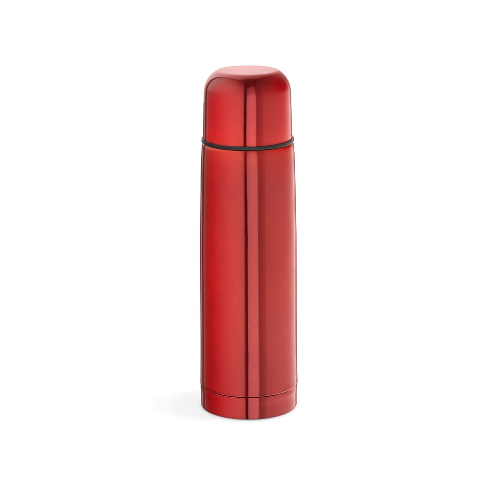 A drink bottle with a glossy red finish, featuring a sleek design and a cap on top. It has a logo on the surface.