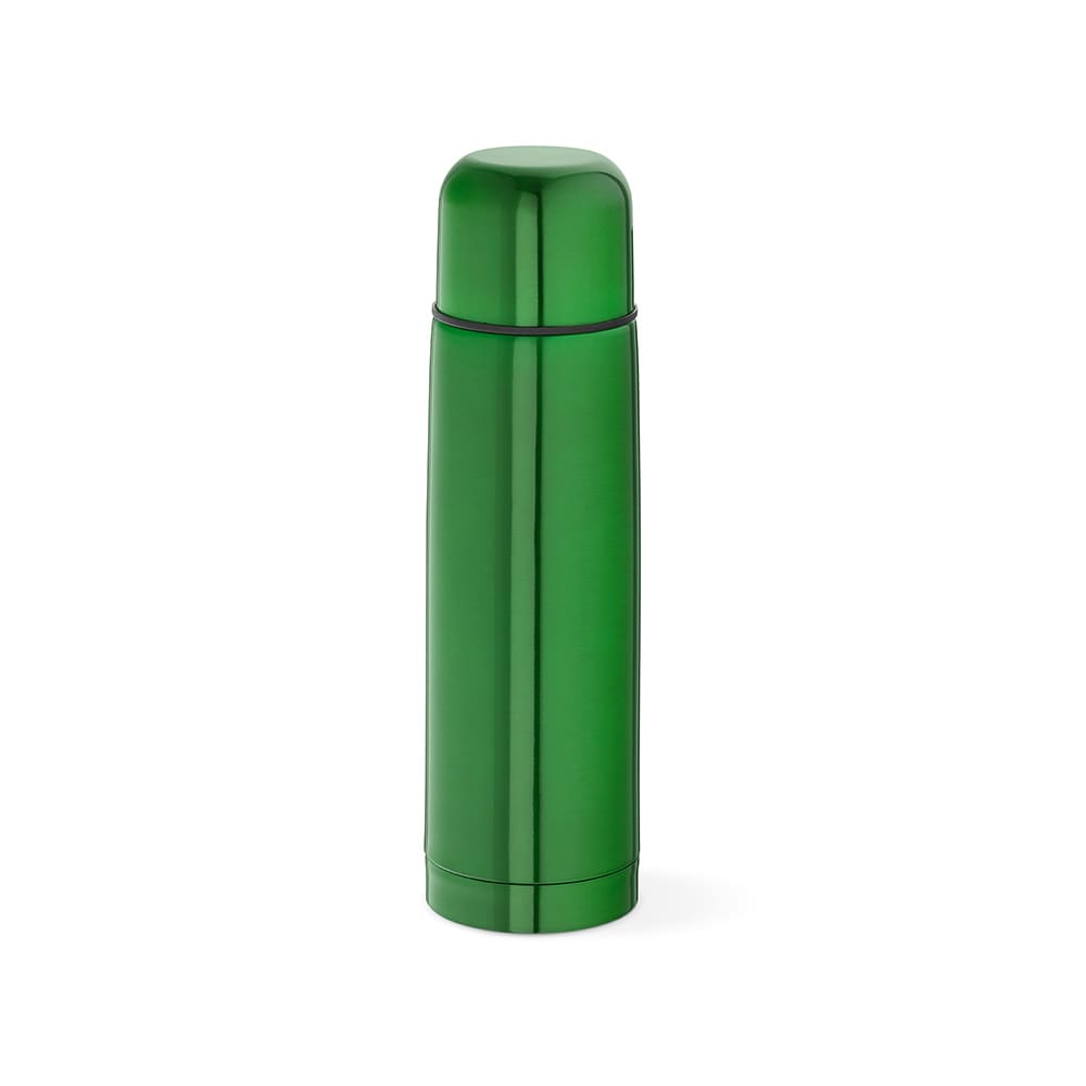 A drink bottle in a shiny green finish with a sleek design and a matching cap, featuring a logo.