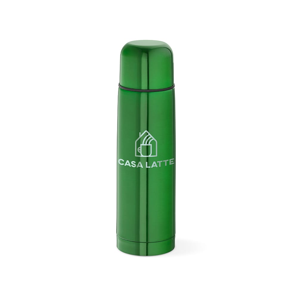 A drink bottle in bright green with a glossy finish and a logo on its body. Features a flip-top lid.
