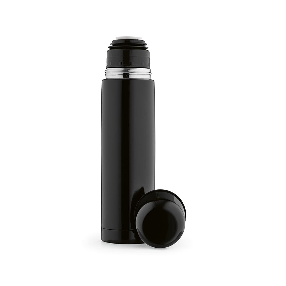 A drink bottle in black with a screw-on lid and a separate cap, featuring a branding logo.