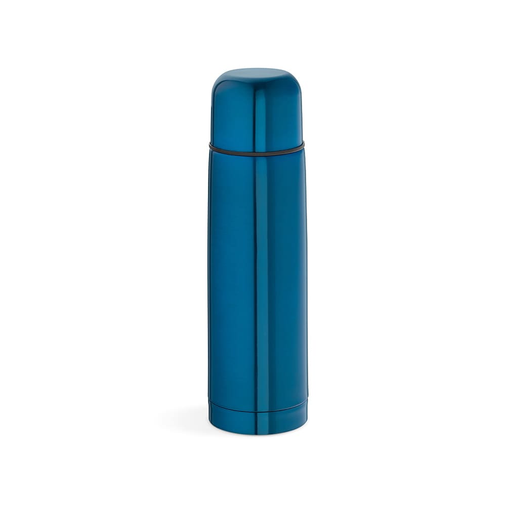 A drink bottle with a sleek, shiny blue finish, featuring a cup and a branding logo.