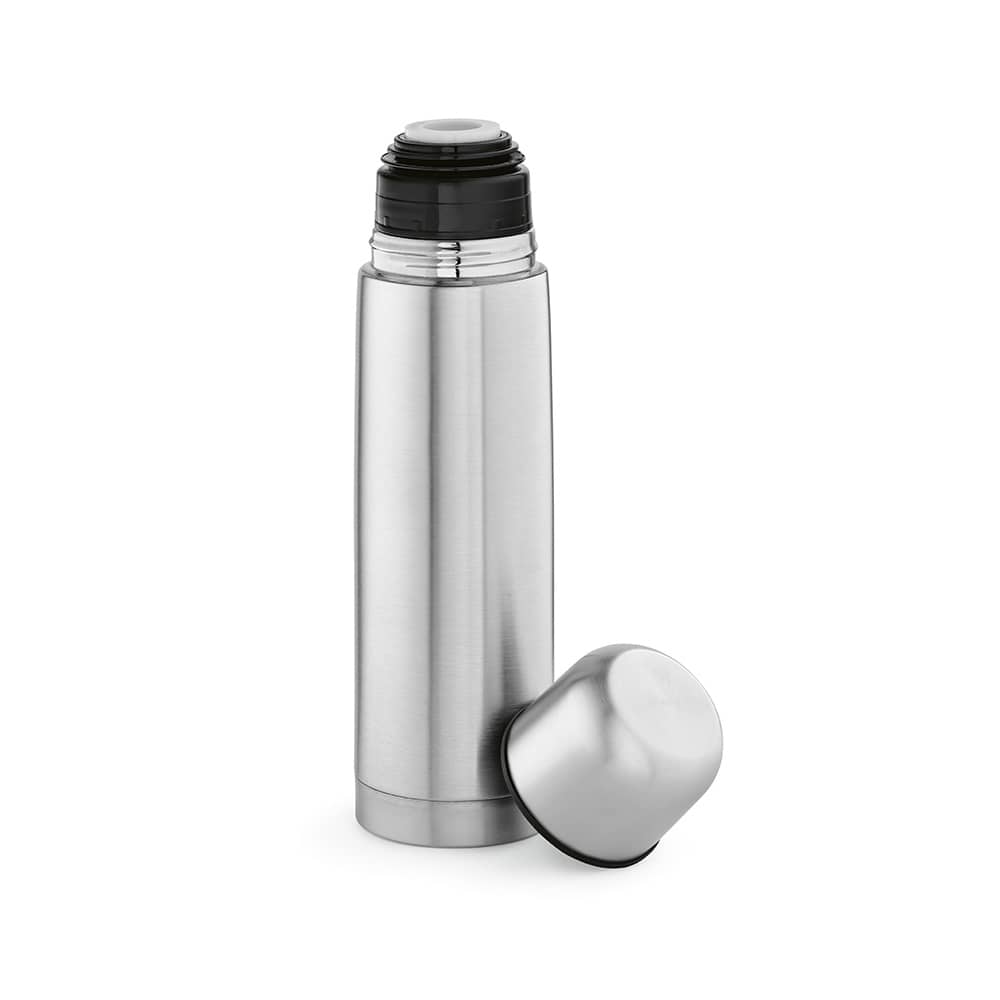 A drink bottle, silver in colour, with a removable cap and a logo on the side.