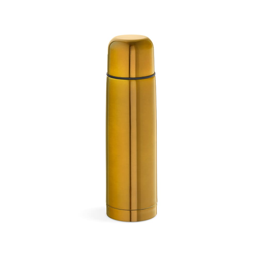 A drink bottle in a shiny gold finish with a black ring, featuring an integrated cup and a sleek design.
