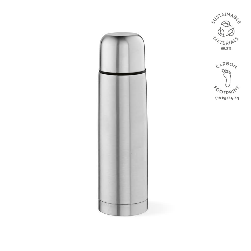 A drink bottle made of stainless steel with a sleek silver finish. It features a logo.