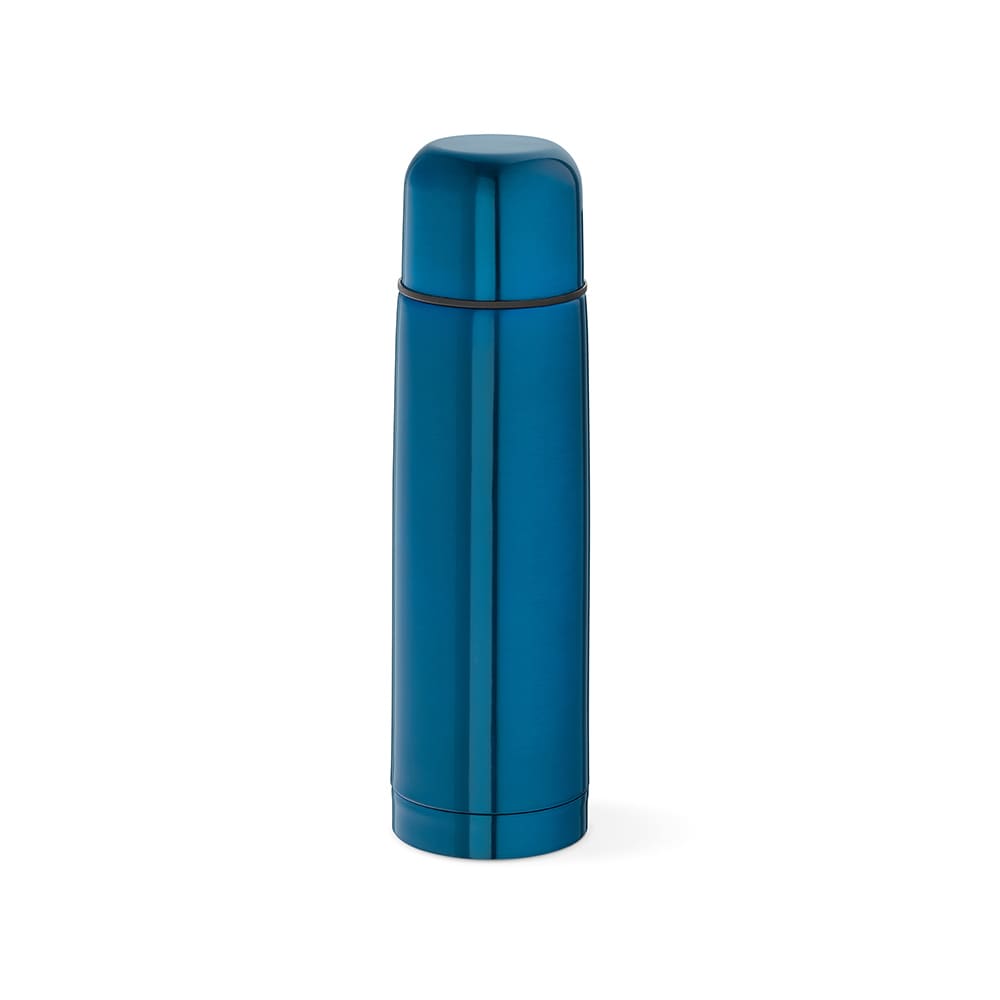 A drink bottle in shiny blue with a cylindrical design, featuring a cap and a logo.