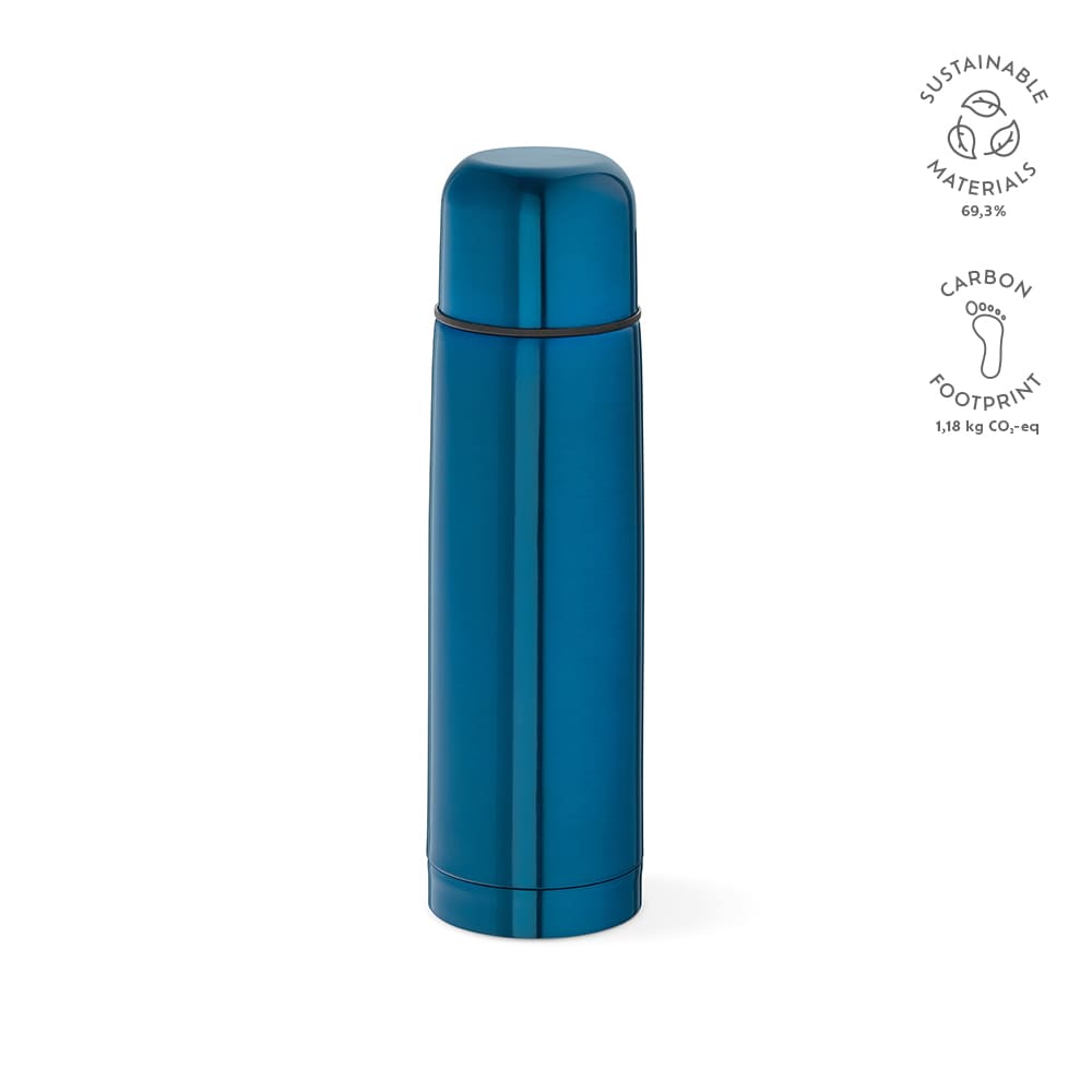 A drink bottle in a shiny blue finish, featuring a logo and a sleek, cylindrical design.