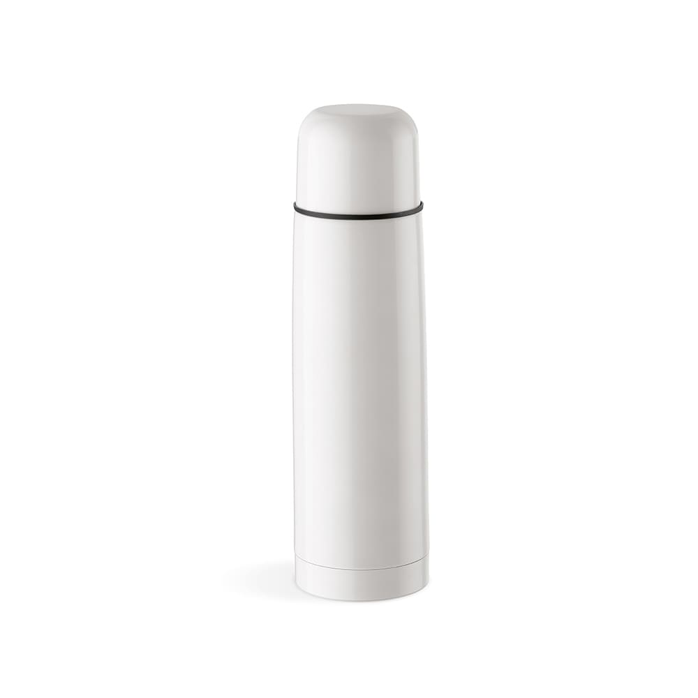 A drink bottle in white with a cap, featuring a sleek design and a logo. Holds 500ml and includes one cup.