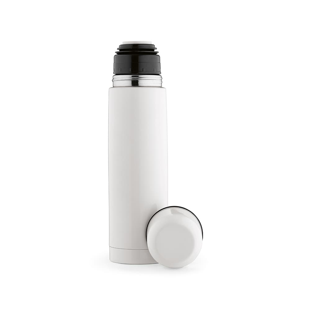 A drink bottle in white with a black cap, featuring a sleek design and a cup attached to the lid.