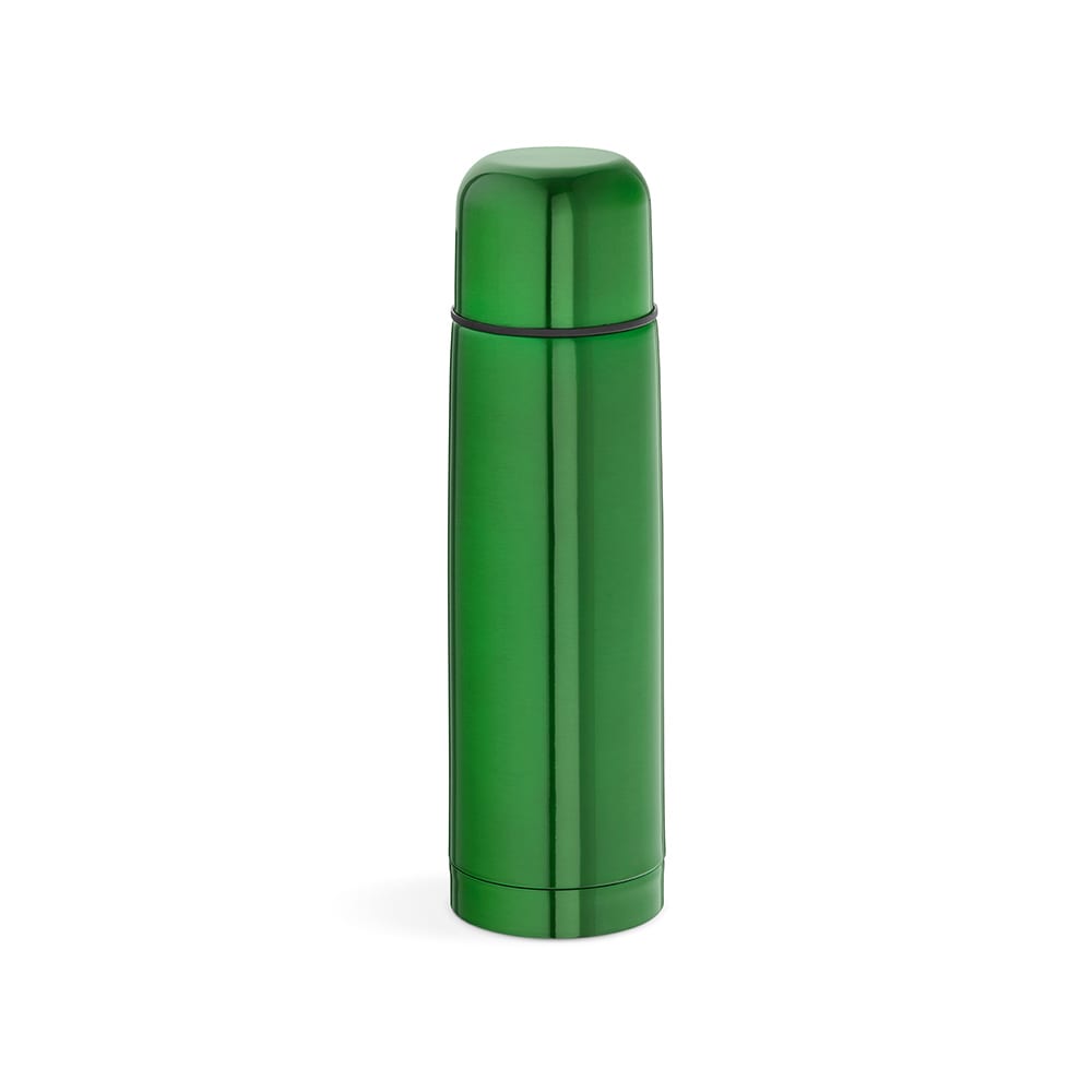 A drink bottle with a sleek, shiny green finish, featuring a cap and an unbranded logo.