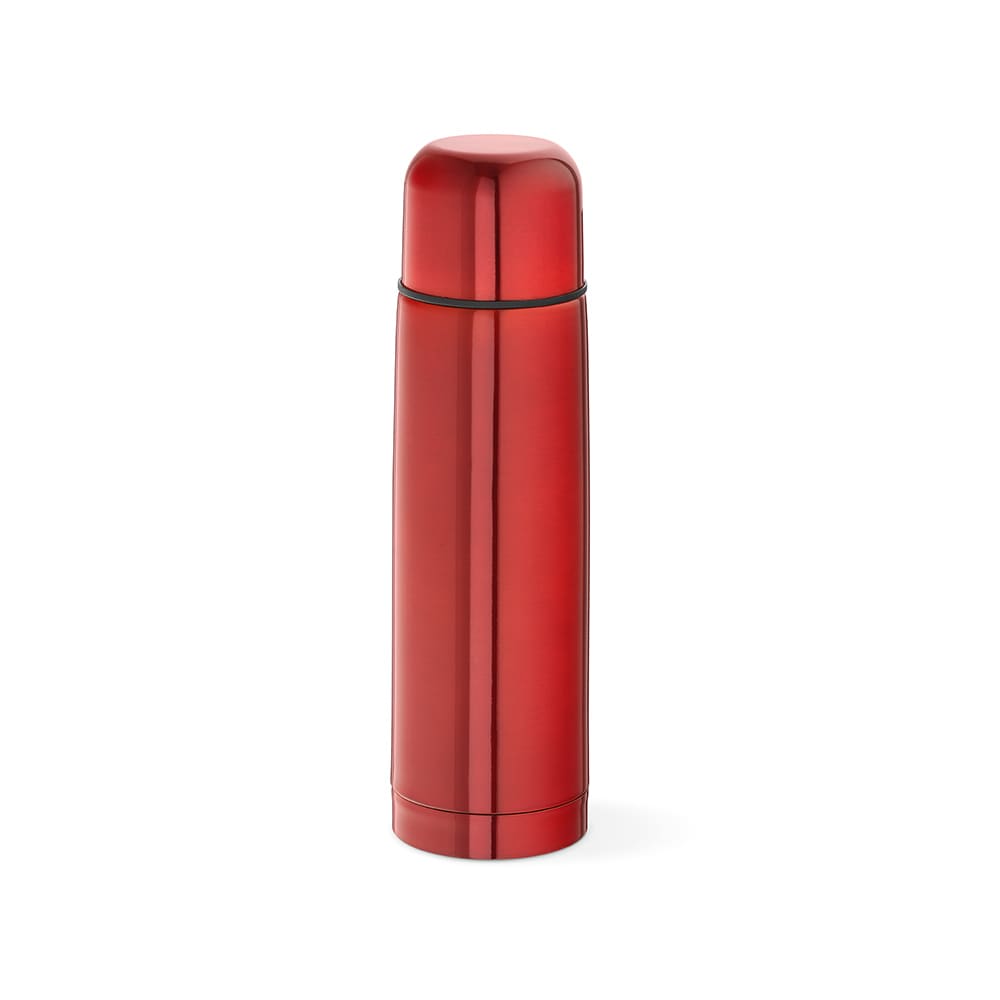 A drink bottle in shiny red, designed with a sleek, tall shape and a screw-top lid. It includes a logo.