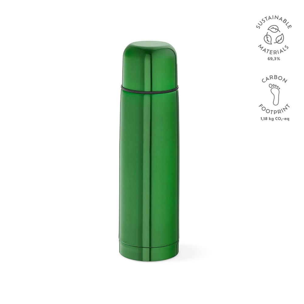 A drink bottle in a vibrant green colour, featuring a sleek, rounded design and a logo.