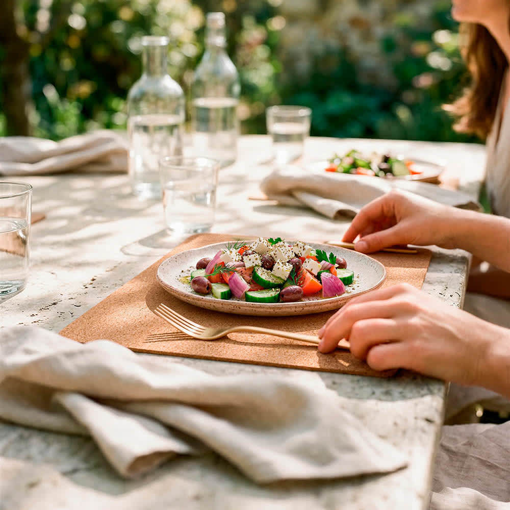 A rectangular cork placemat in a natural colour on a table, set for dining with bowls and glasses of water.