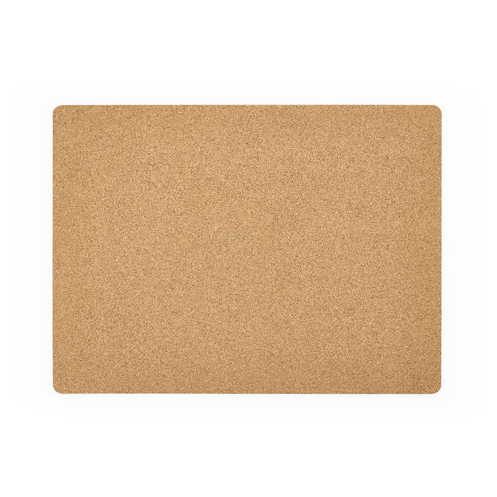A rectangular cork placemat in a light brown hue, featuring a smooth texture and rounded edges.