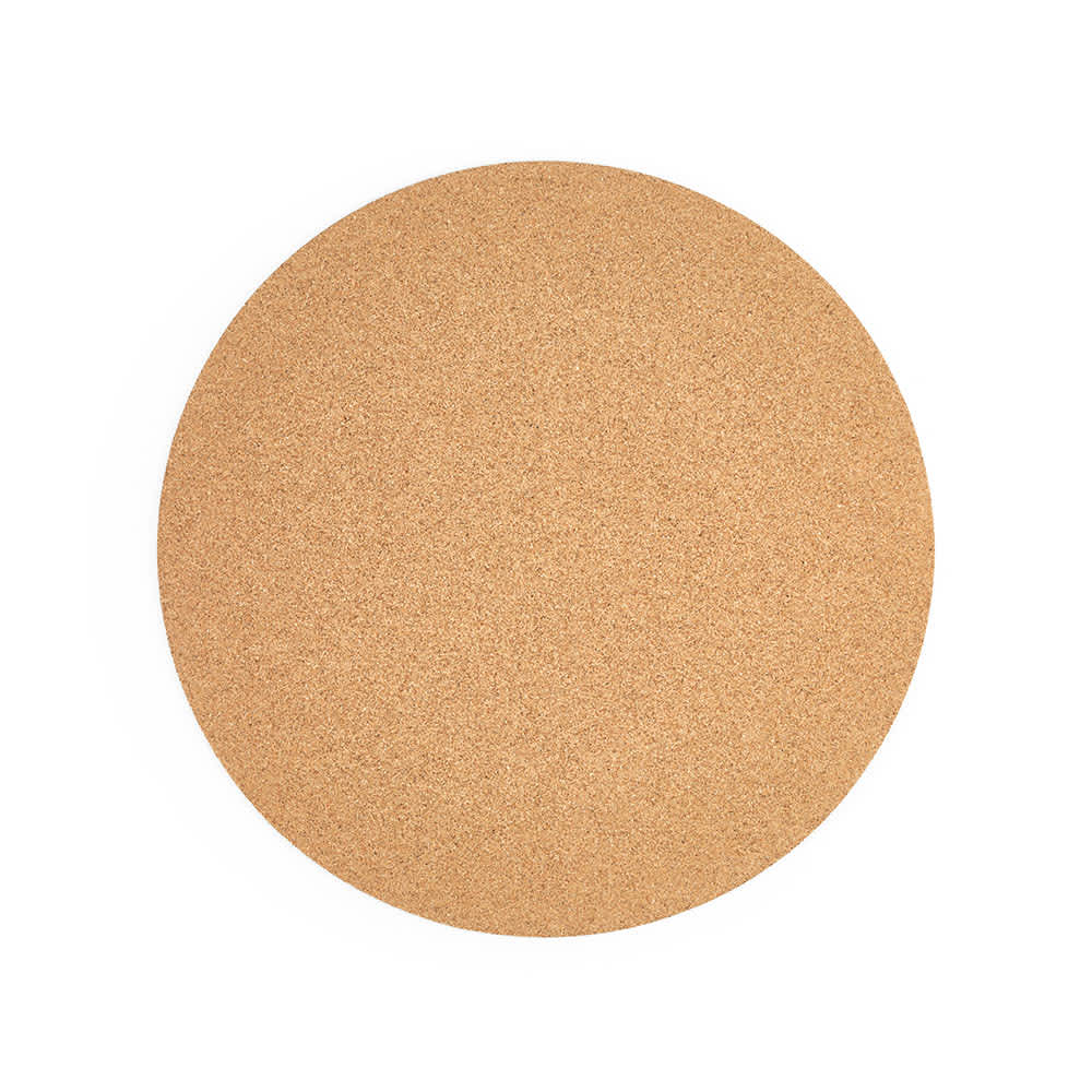 A round cork placemat in a natural tan colour, featuring a smooth texture and a logo. Made in Portugal.