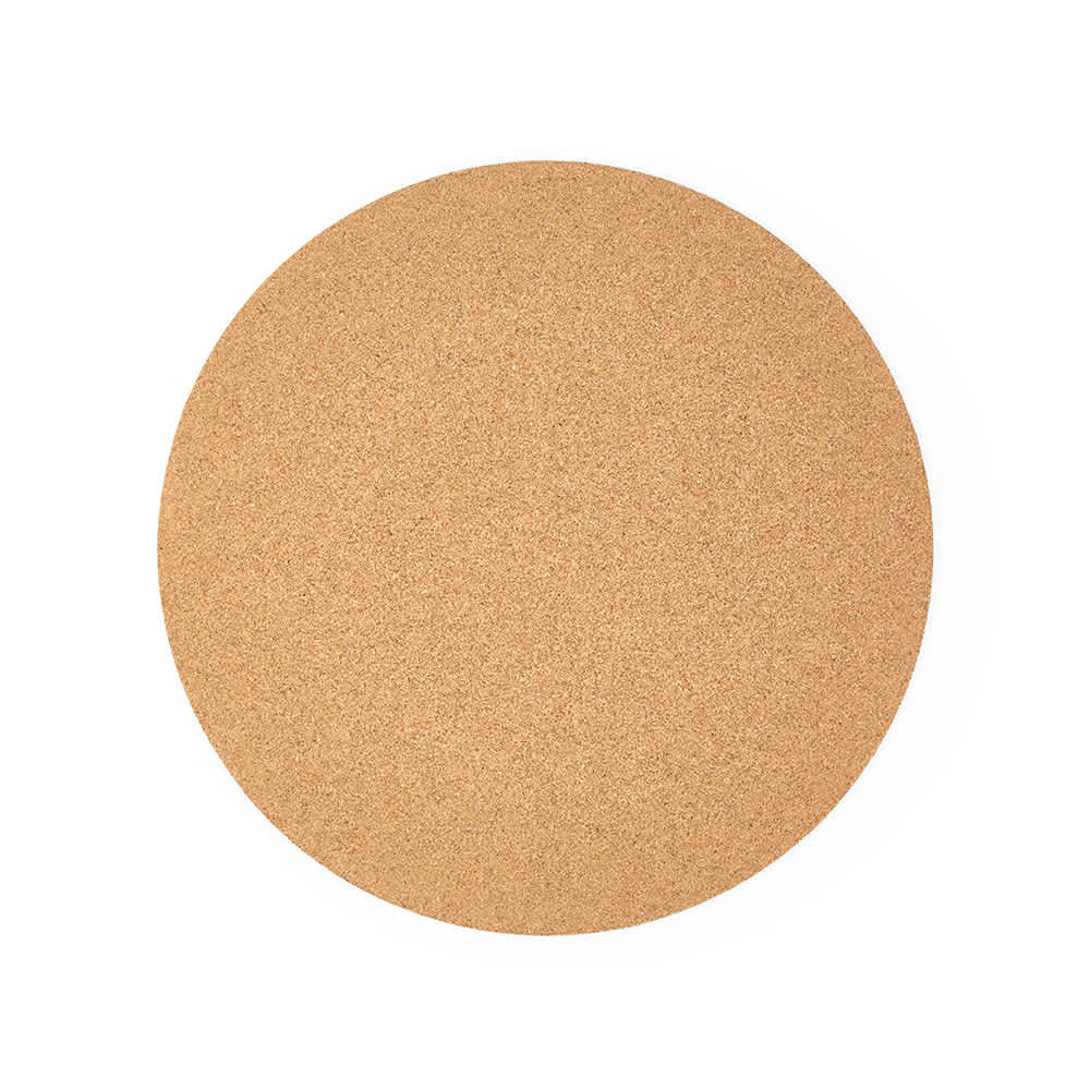 A round cork placemat in a natural tan colour, featuring a smooth texture and a simple design. It has a logo.