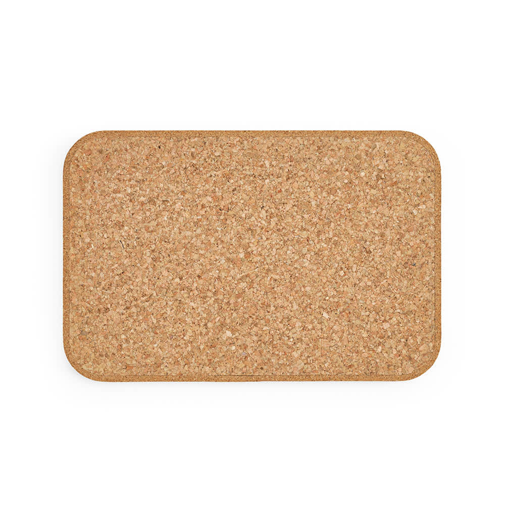 A rectangular cork tray in a natural beige colour, featuring a textured surface and rounded edges.