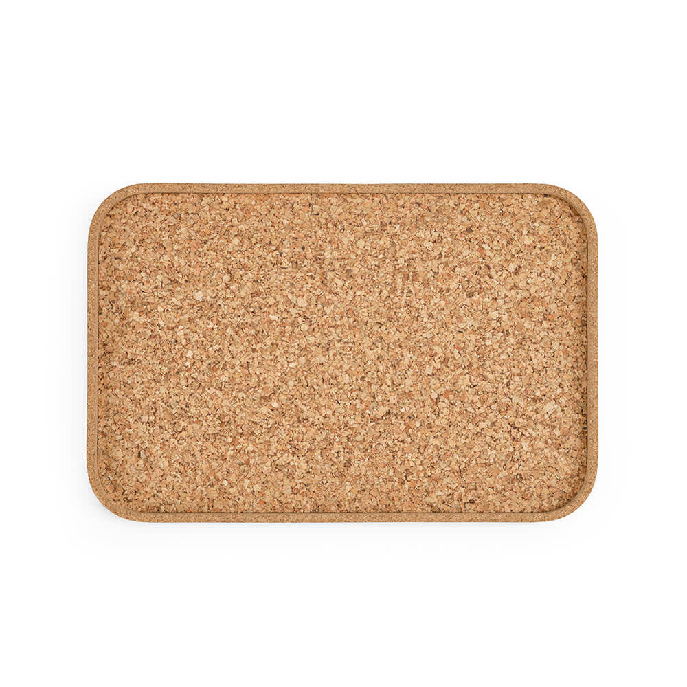 A rectangular cork tray in a natural cork colour, featuring rounded edges and a smooth surface.