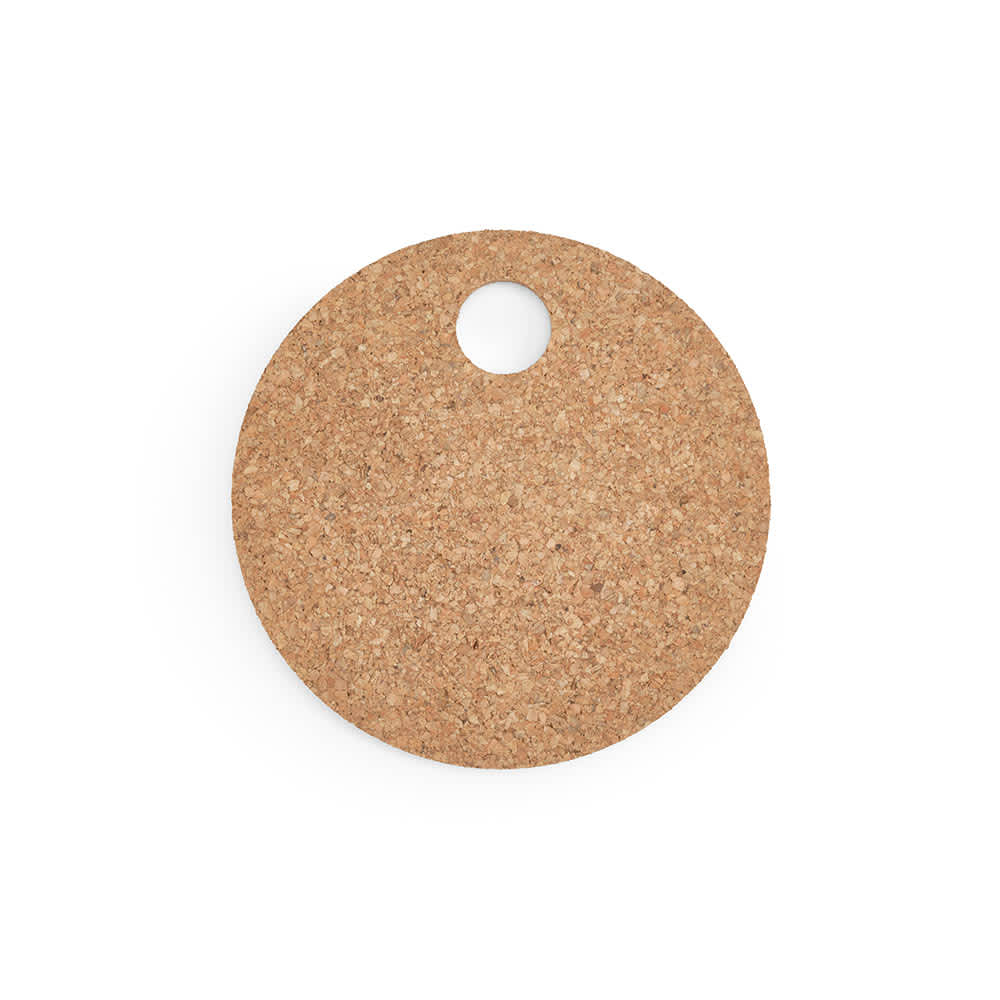 A round cork trivet in a natural colour with a hole at the top, made in Portugal. It features a logo.