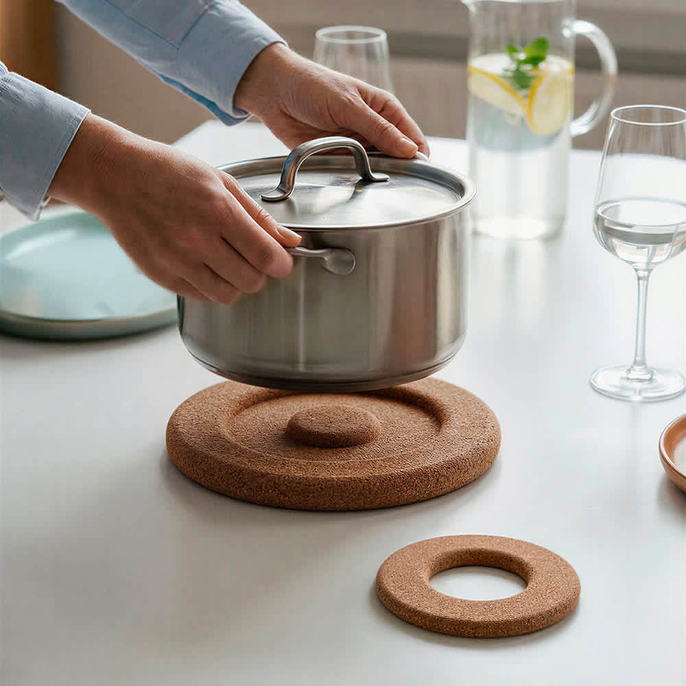 A round cork double trivet in natural tones, with a person's hands placing a pot on it.