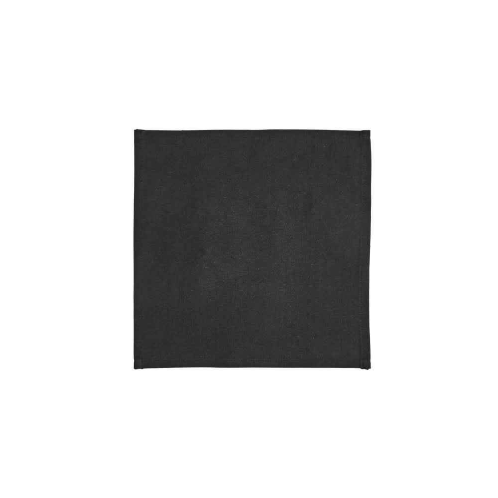 A black placemat made from 180gsm cotton, featuring a simple design and a logo.