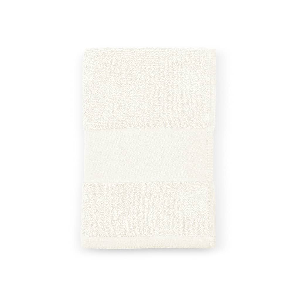 A cream-coloured towel with a textured stripe pattern, made of cotton and featuring a branding logo.