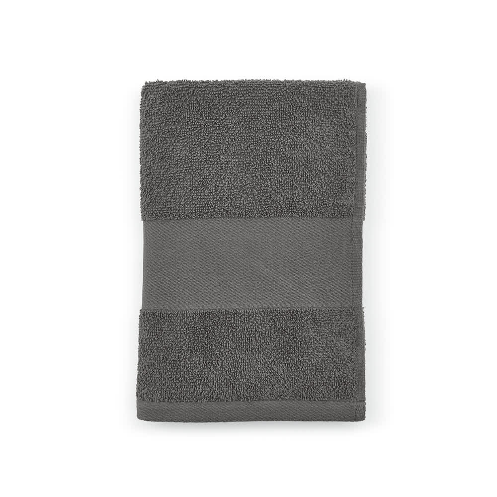 A grey cotton towel featuring textured and smooth sections, with a logo present. Made in Portugal.