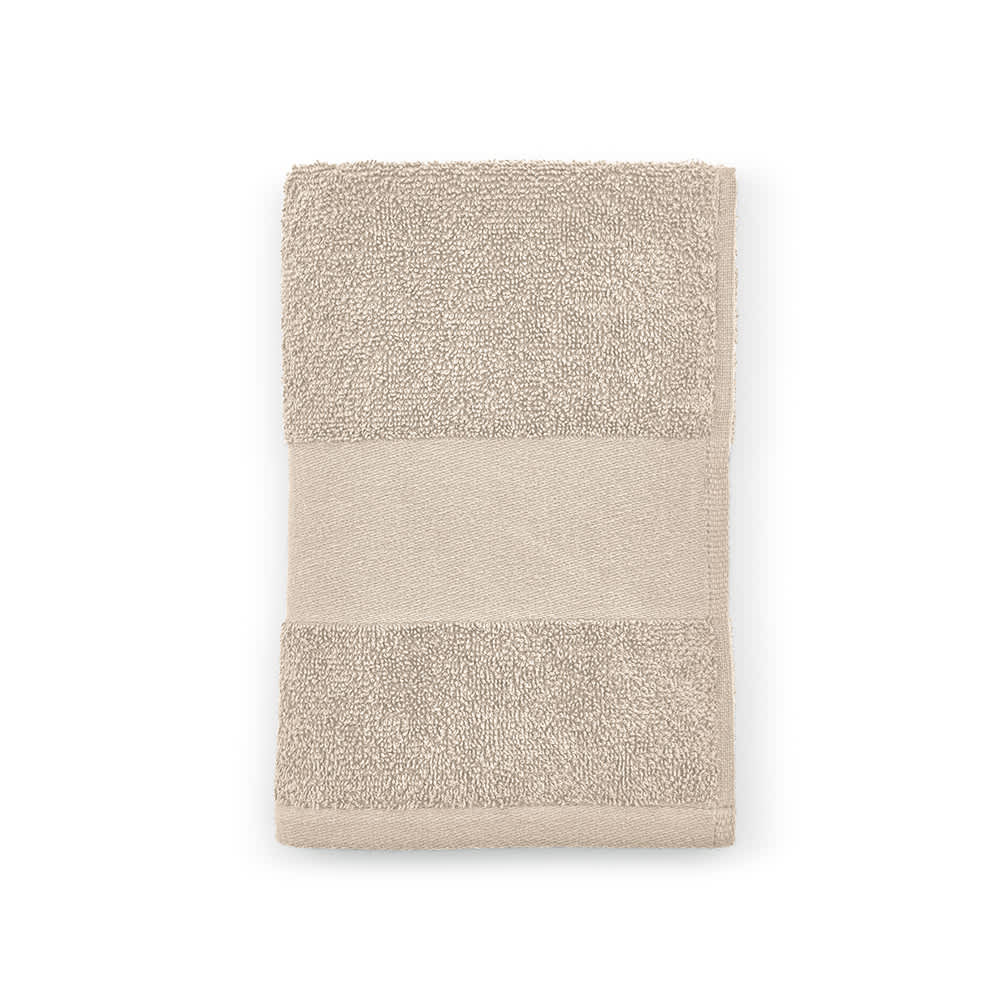 A beige towel featuring a textured surface and a smooth striped design, made from cotton and weighing 370gsm.