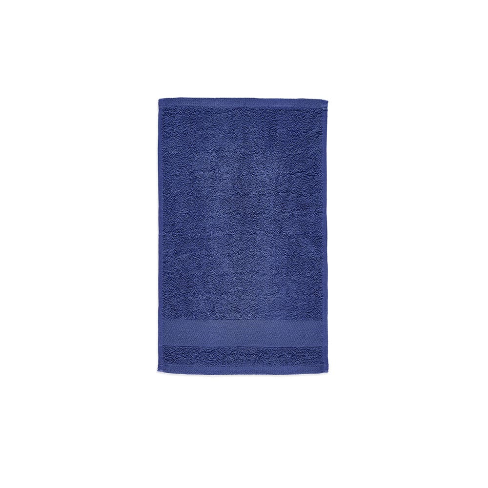 A navy blue cotton towel with a textured surface and a smooth band at one end. It features a branding logo.