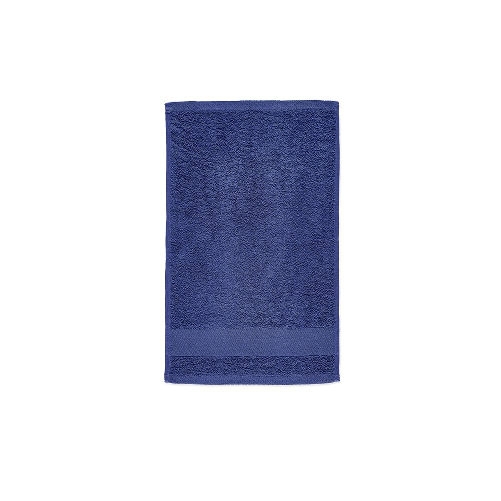A blue cotton towel with a textured surface and a smooth band at one end. It has a logo on the bottom.