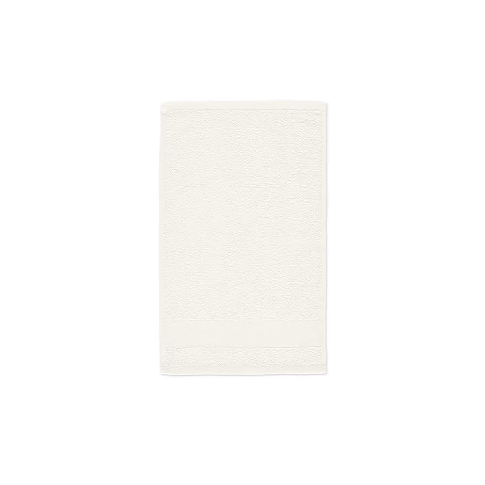 A cream-coloured cotton towel with a textured pattern, featuring a branding logo. 
